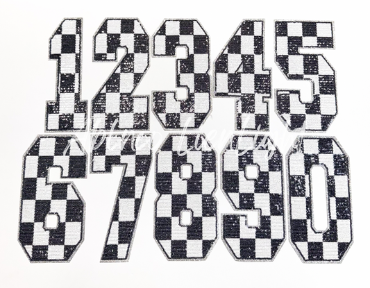 Sequin Black & White Checkered Numbers Patch - Large