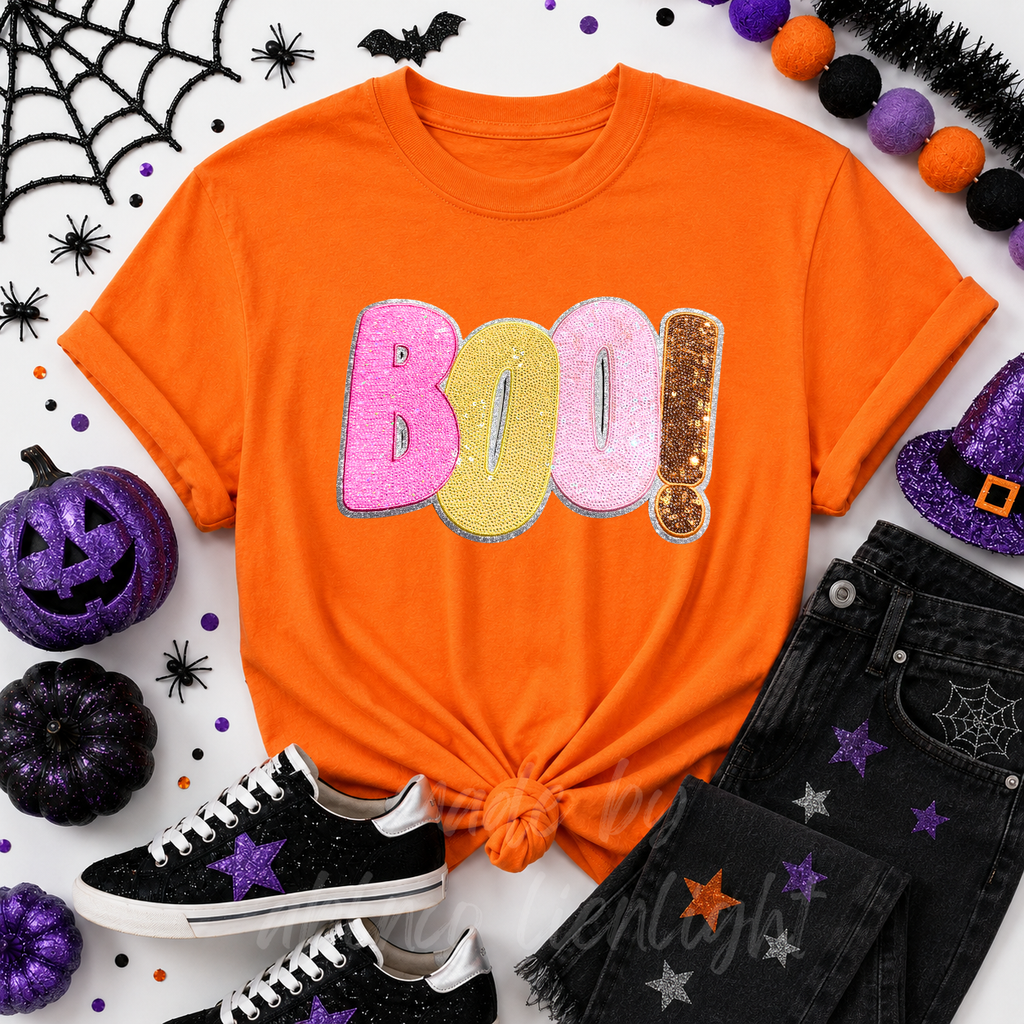 Colorful Boo Halloween Sequin Patch Tshirt