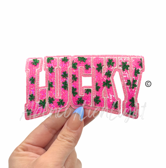 Pink Clovers Lucky St Patricks Day Sequins Patch - Small