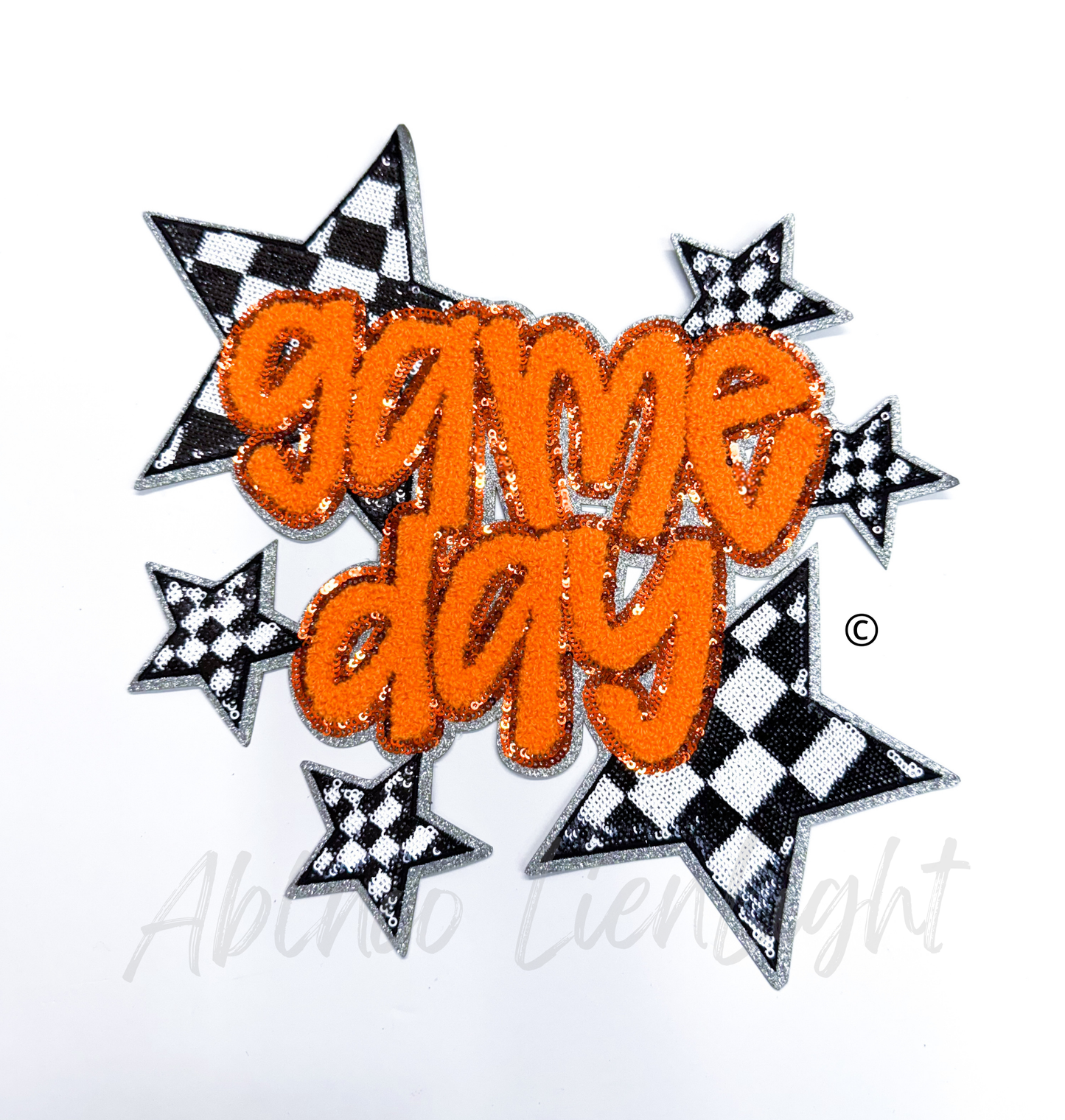 Orange Game Day Checkered Star Sequins Chenille Patch