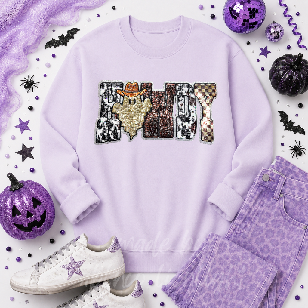 Cow Print Ghost Howdy Halloween Sequin Patch Sweatshirt