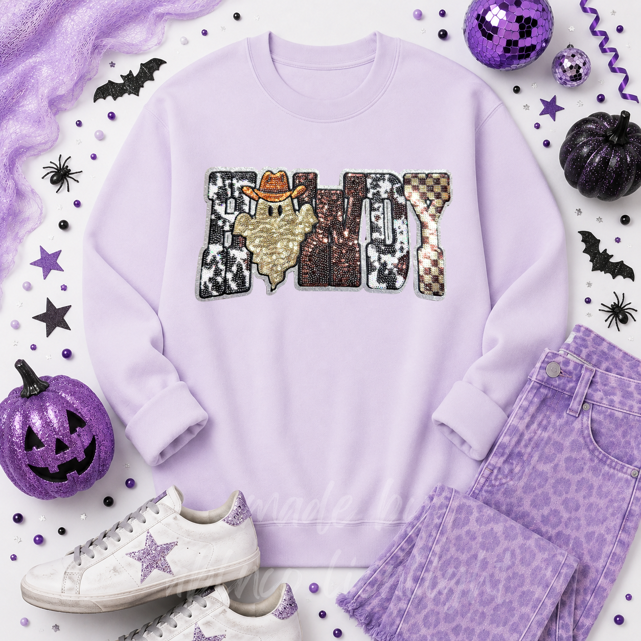 Cow Print Ghost Howdy Halloween Sequin Patch Sweatshirt