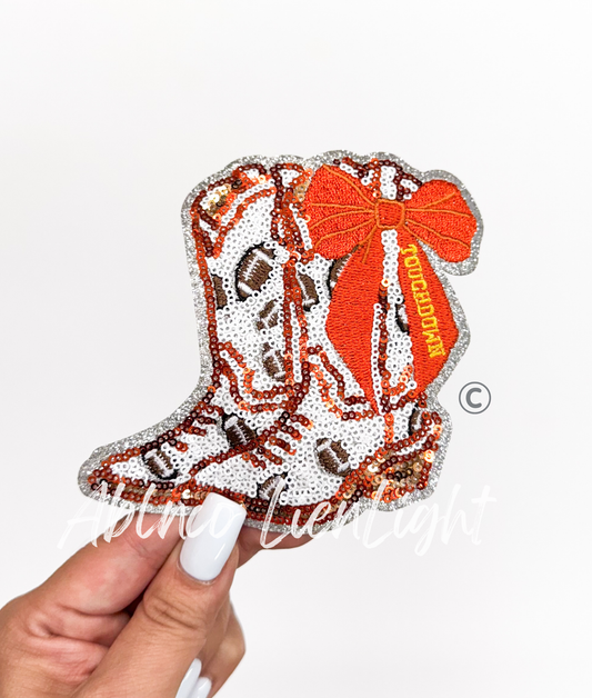 Football Touchdown Star Orange Bow Boots Sequin Patch - Small