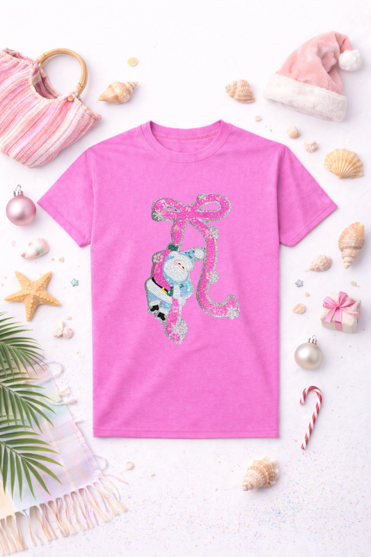 Hanging Bow Santa Sequins Christmas Patch Tshirt