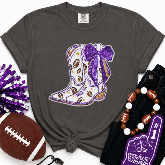Football Touchdown Purple Bow Boot Sequin Tshirt