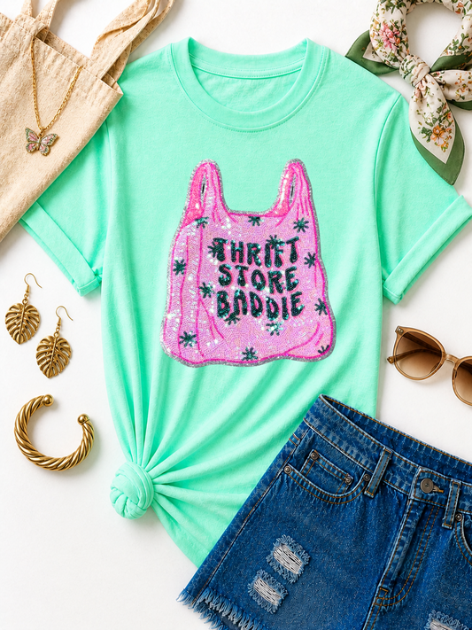 Thrift Store Baddie Sequin Patch Tshirt