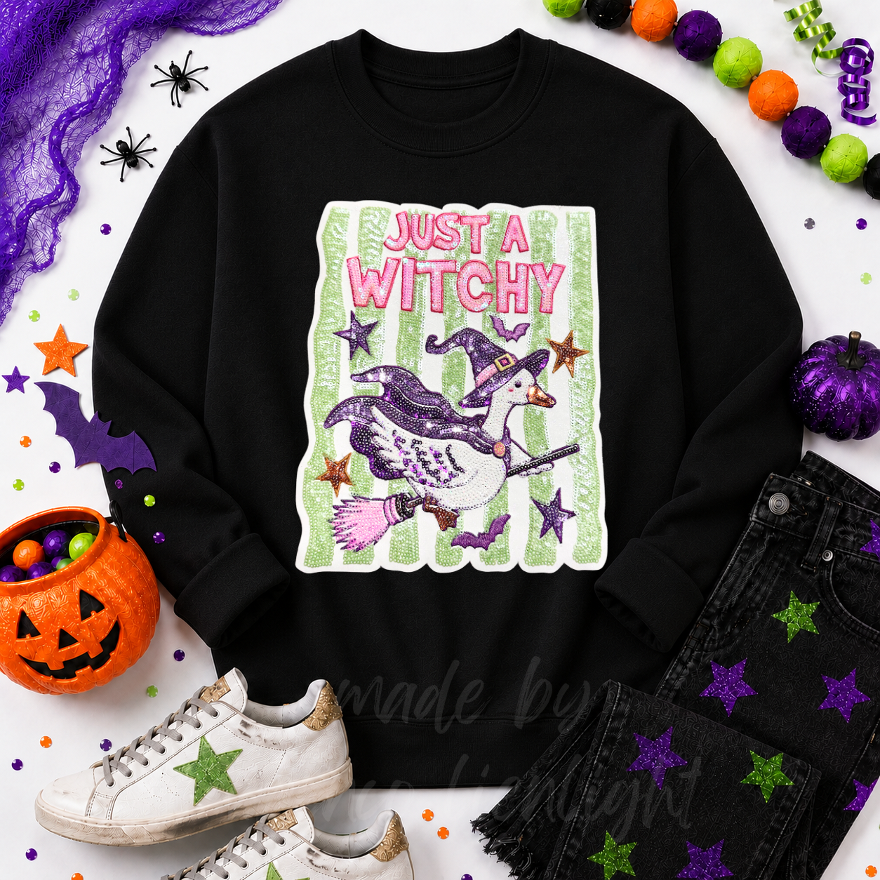Just A Witchy Goose Halloween Sequin Patch Sweatshirt