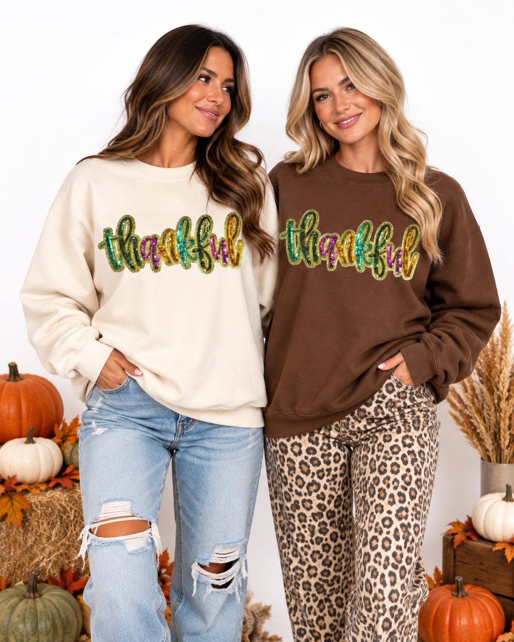 Colorful Thankful Thanksgiving Fall Sequin Patch Full Length Sweatshirt