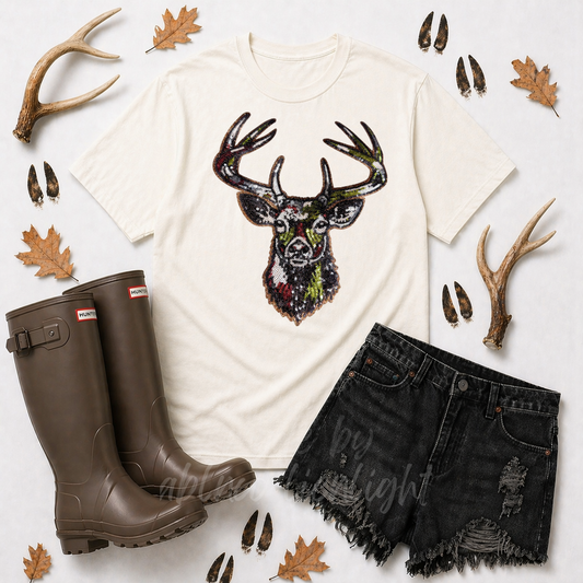 Camo Deer Hunting Sequin Patch Tshirt