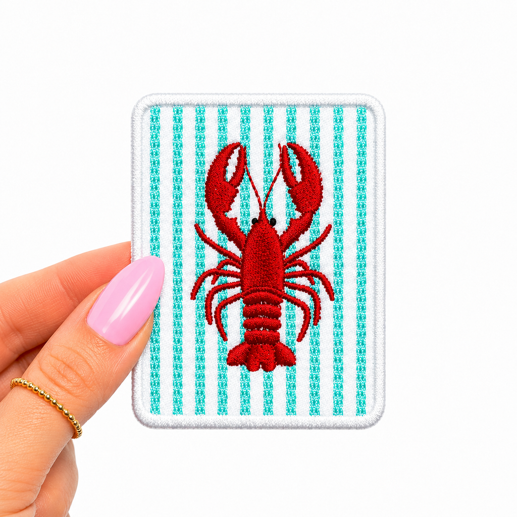 Turquoise Striped Lobster Summer Embroidery Patch