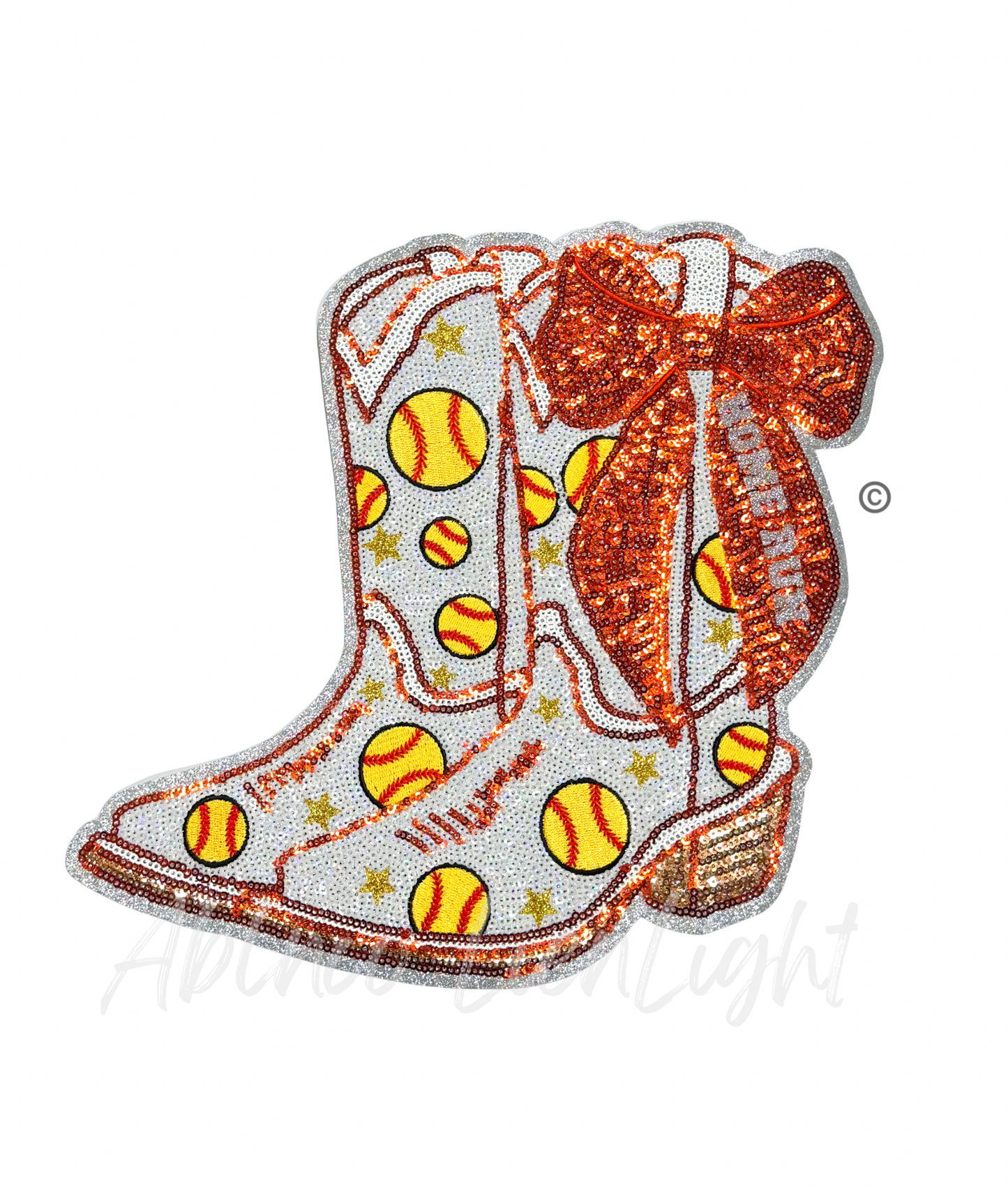 Softball Homerun Star Orange Bow Boots Sequin Patch - Large
