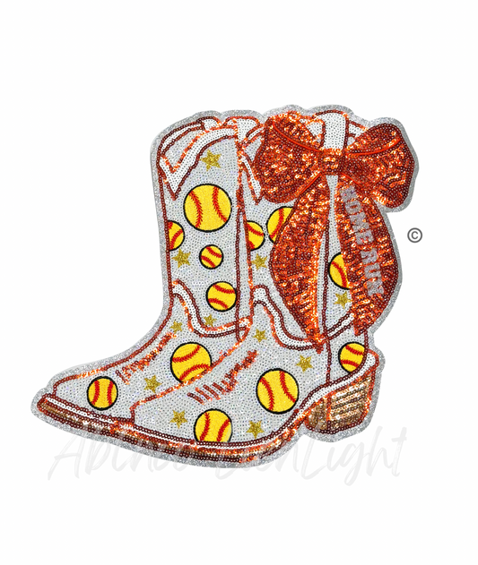 Softball Homerun Star Orange Bow Boots Sequin Patch - Large