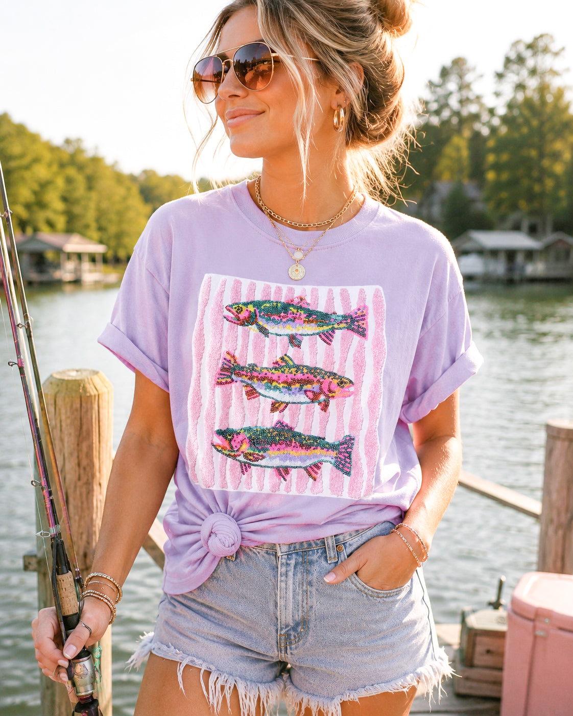 Rainbow Trout Fish Trio Summer Sequin Patch Tshirt