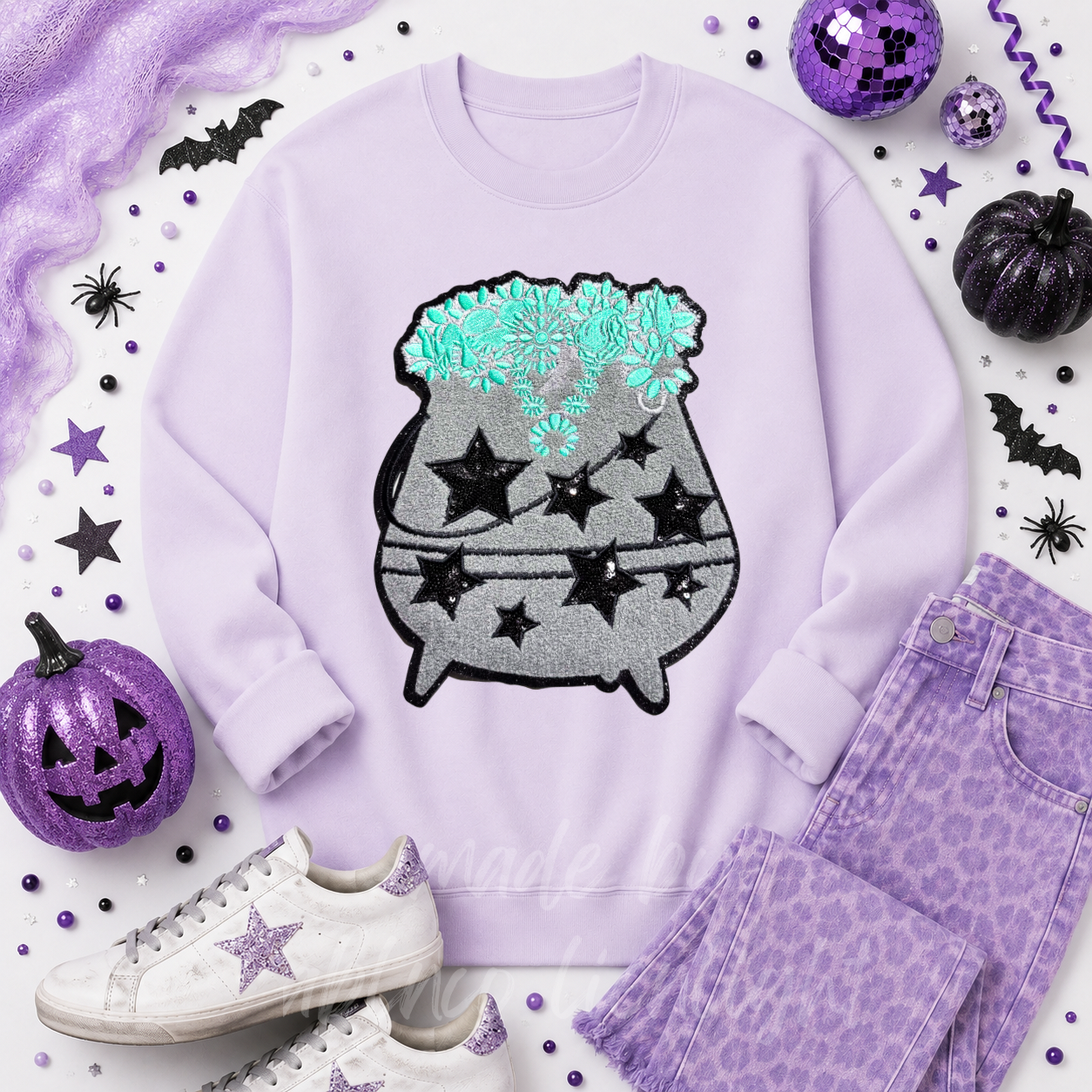 Turquoise Cauldron Halloween Sequin Patch Sweatshirt