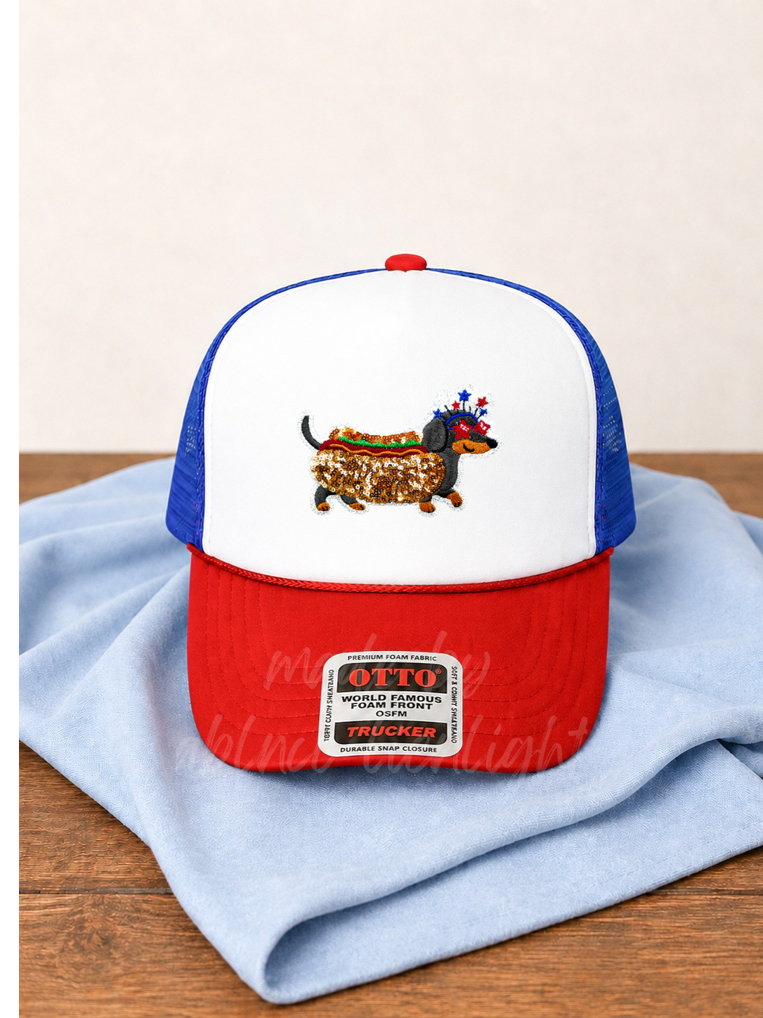 Sequin Weiner Dog 4th July Otto Trucker Hat