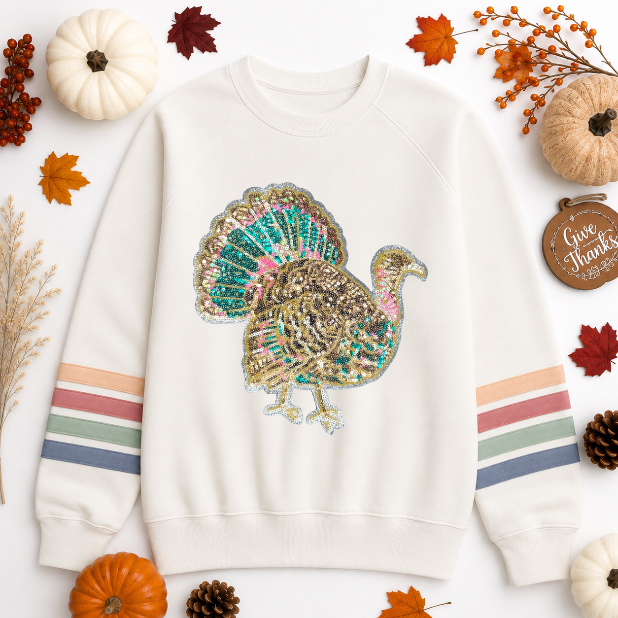 Colorful Turkey Thanksgiving Fall Sequin Patch Sweatshirt