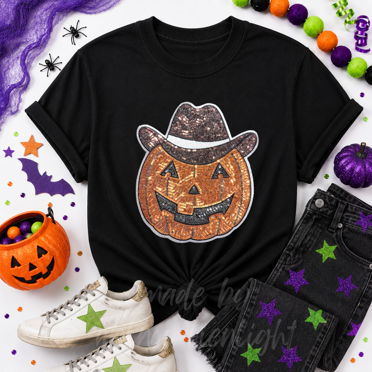 Cowboy Pumpkin Halloween Sequin Patch Tshirt