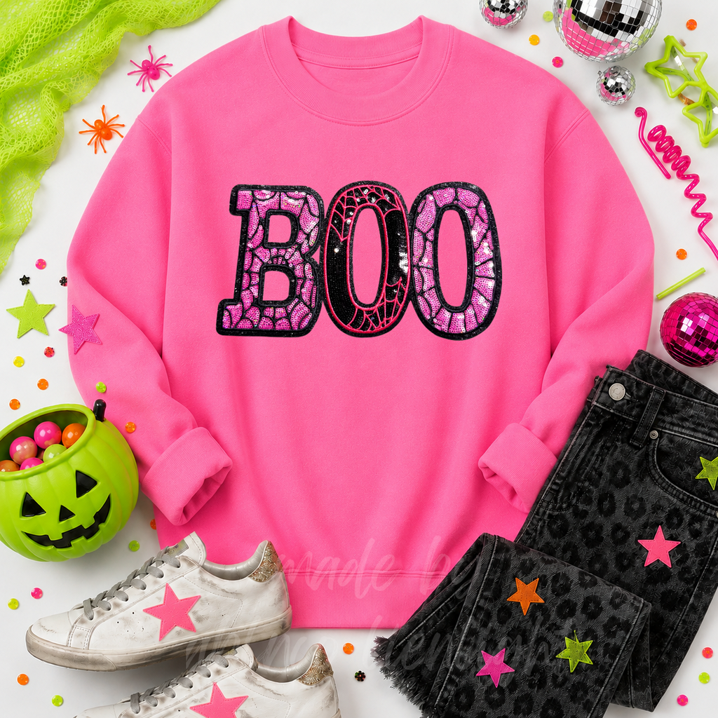 Pink Spider Web Boo Halloween Sequin Patch Sweatshirt
