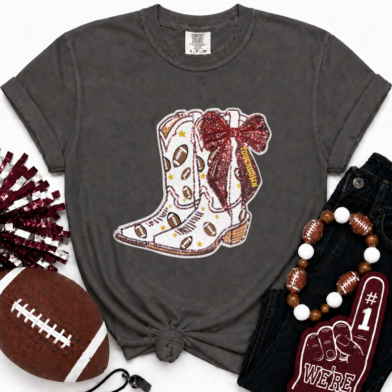 Football Touchdown Maroon Bow Boot Sequin Tshirt