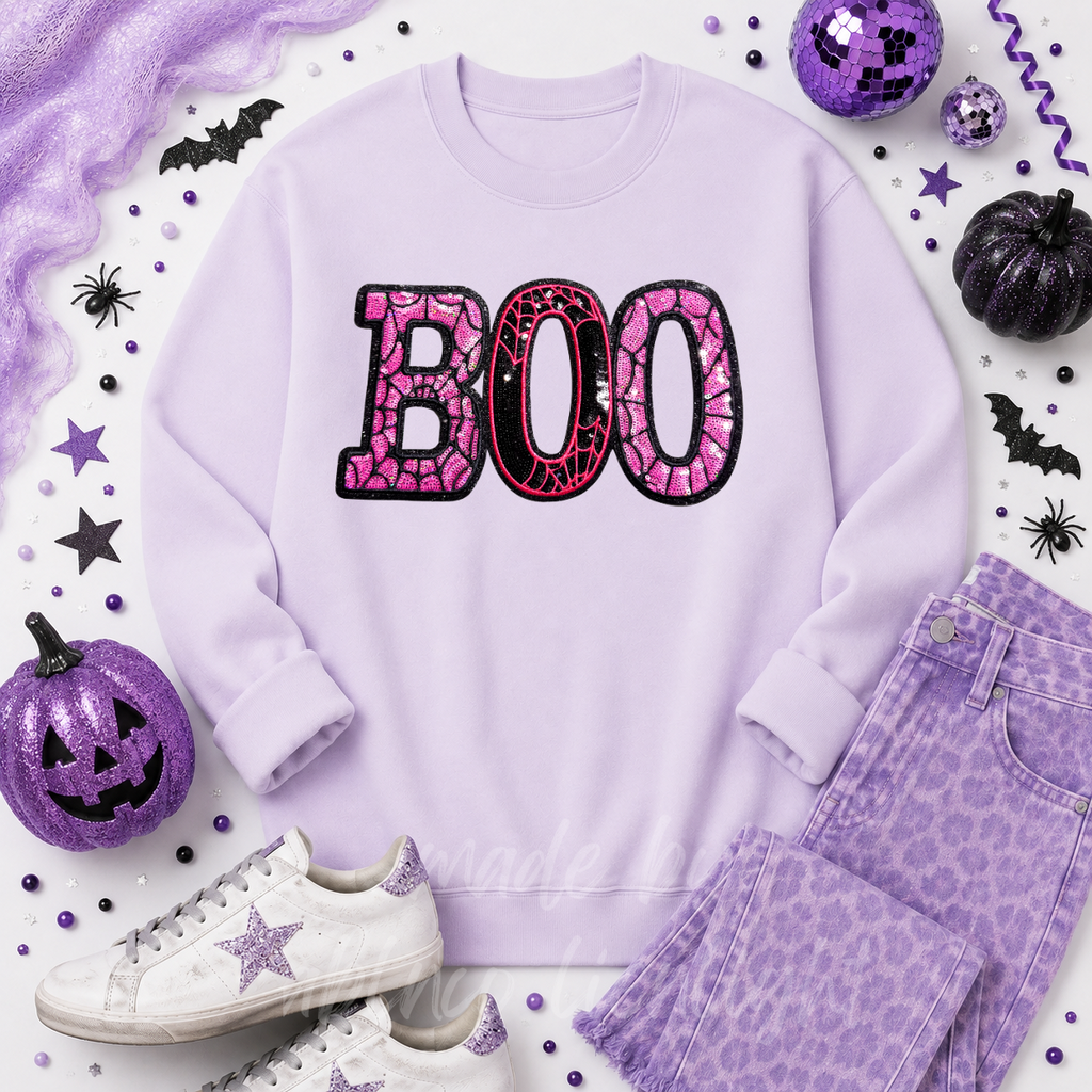 Pink Spider Web Boo Halloween Sequin Patch Sweatshirt