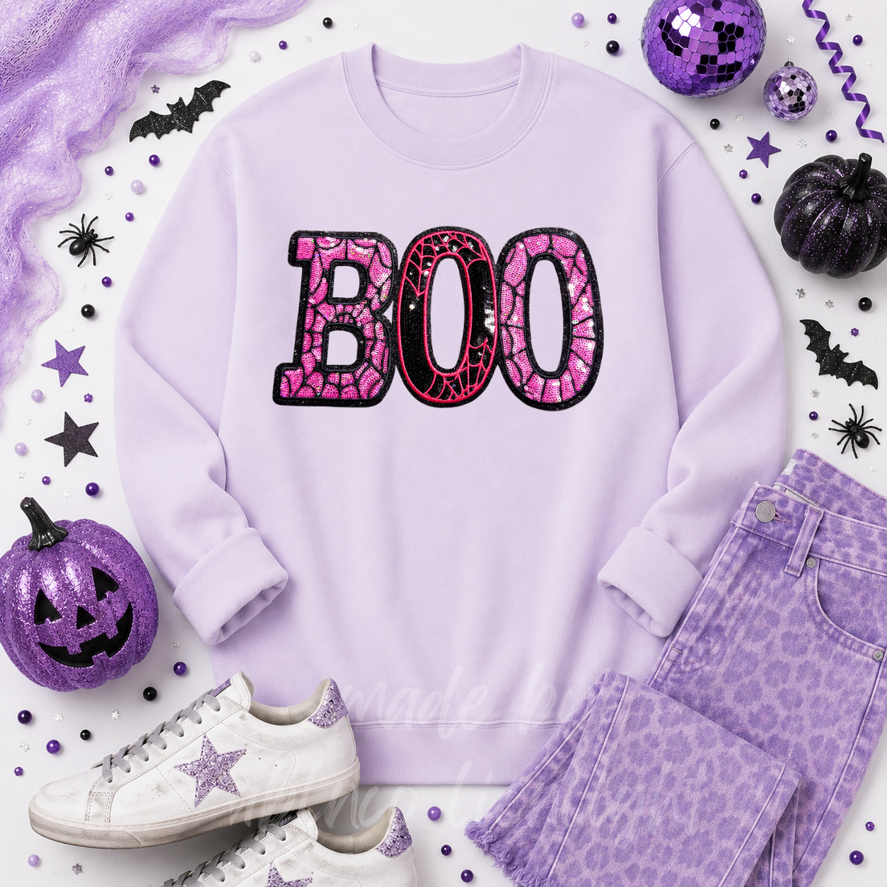 Pink Spider Web Boo Halloween Sequin Patch Sweatshirt
