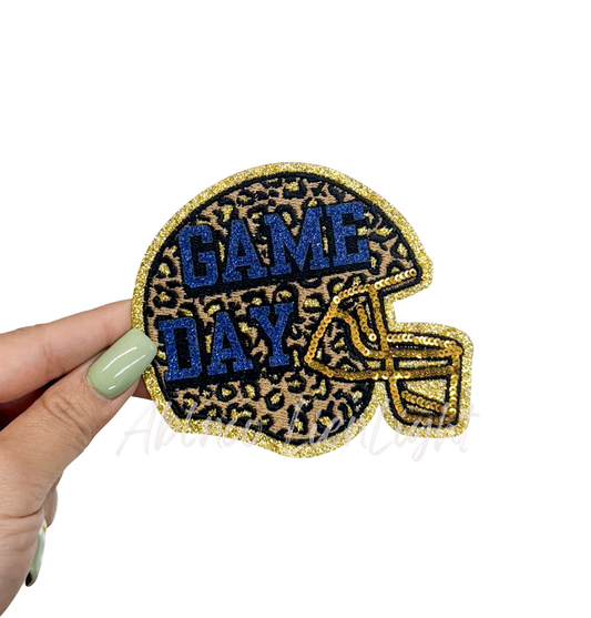 Royal Blue Game Day Cheetah Football Helmet Glitter Sequin Patch