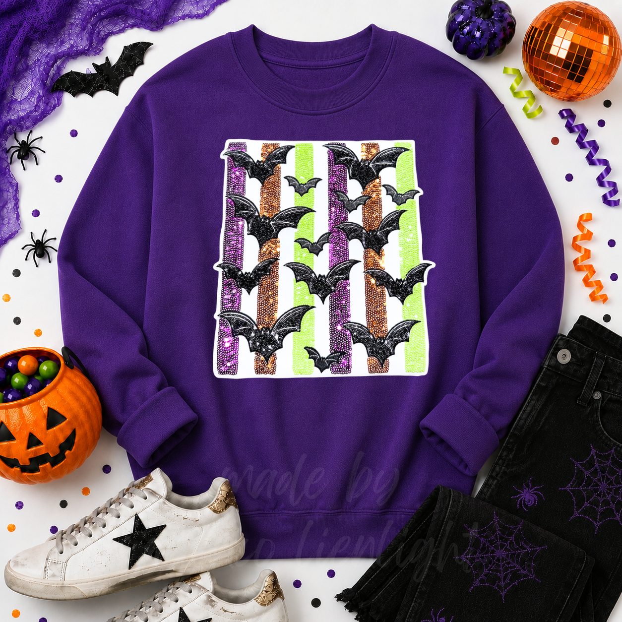 Colorful Striped Bats Halloween Sequin Patch Sweatshirt
