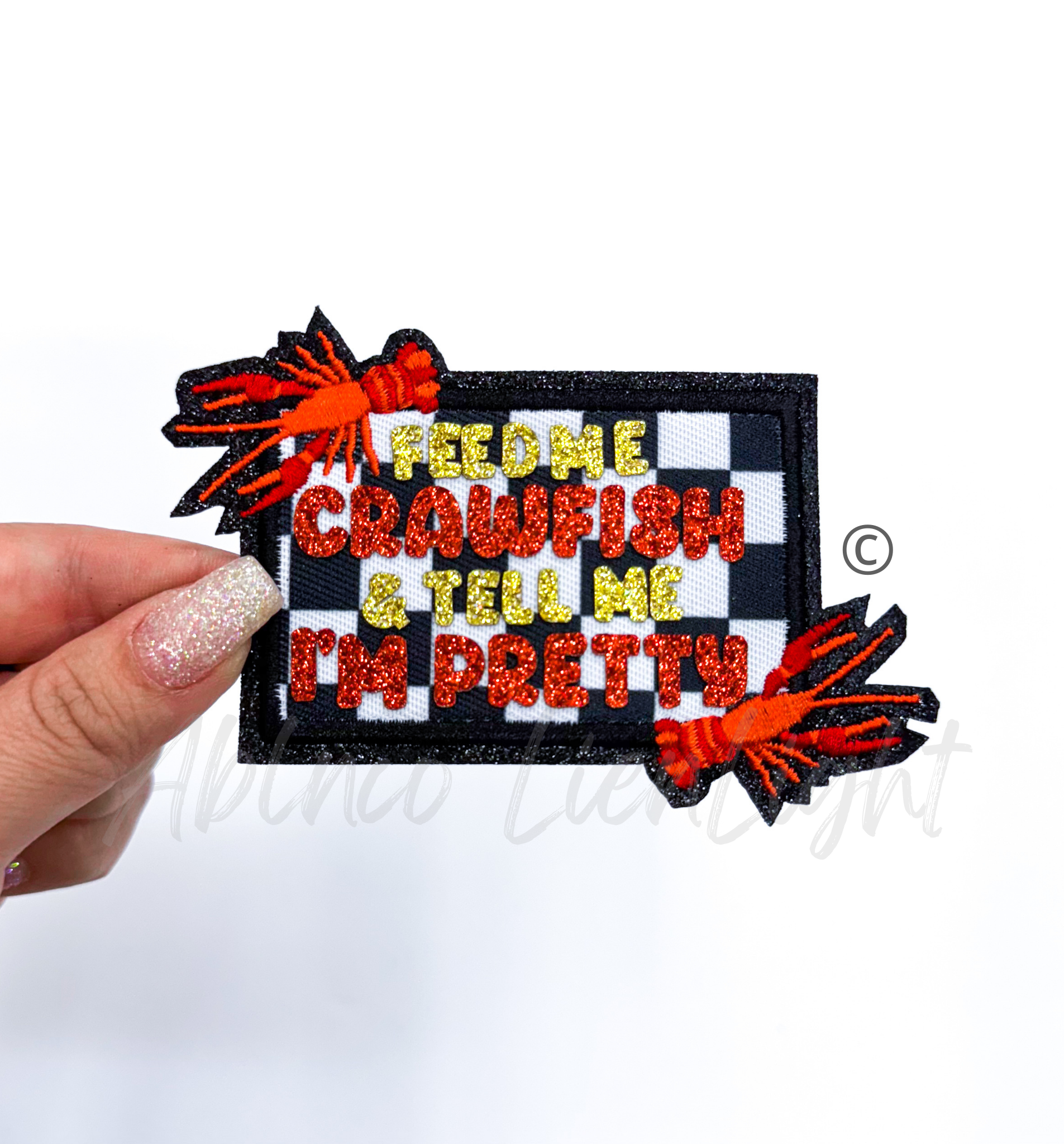 Feed me Crawfish & Tell Me I’m Pretty Mardi Gras Embroidery Patch