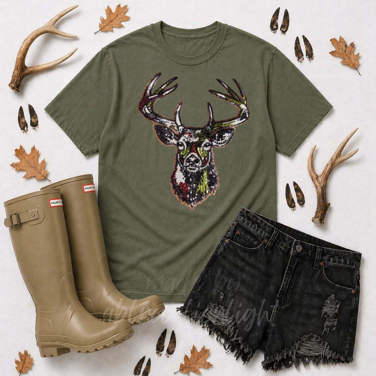 Camo Deer Hunting Sequin Patch Tshirt