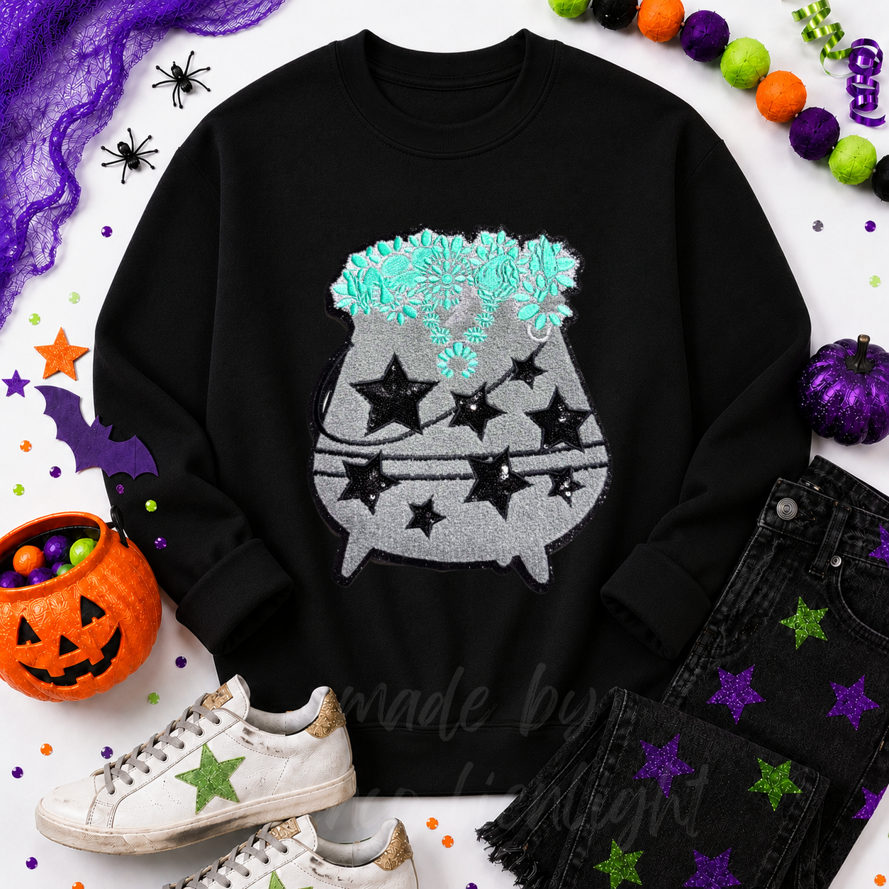 Turquoise Cauldron Halloween Sequin Patch Sweatshirt
