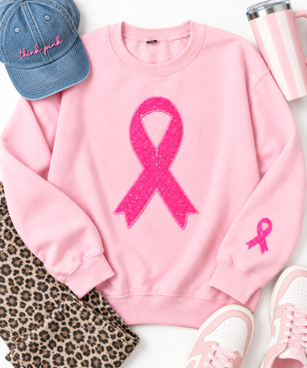 Pink Breast Cancer Ribbon Sequin Patch Sweatshirt