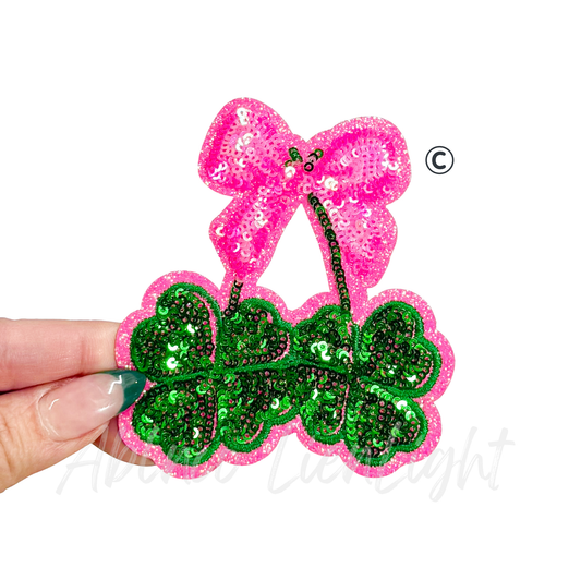 Pink Clover Bow St Patricks Day Sequins Patch - Small