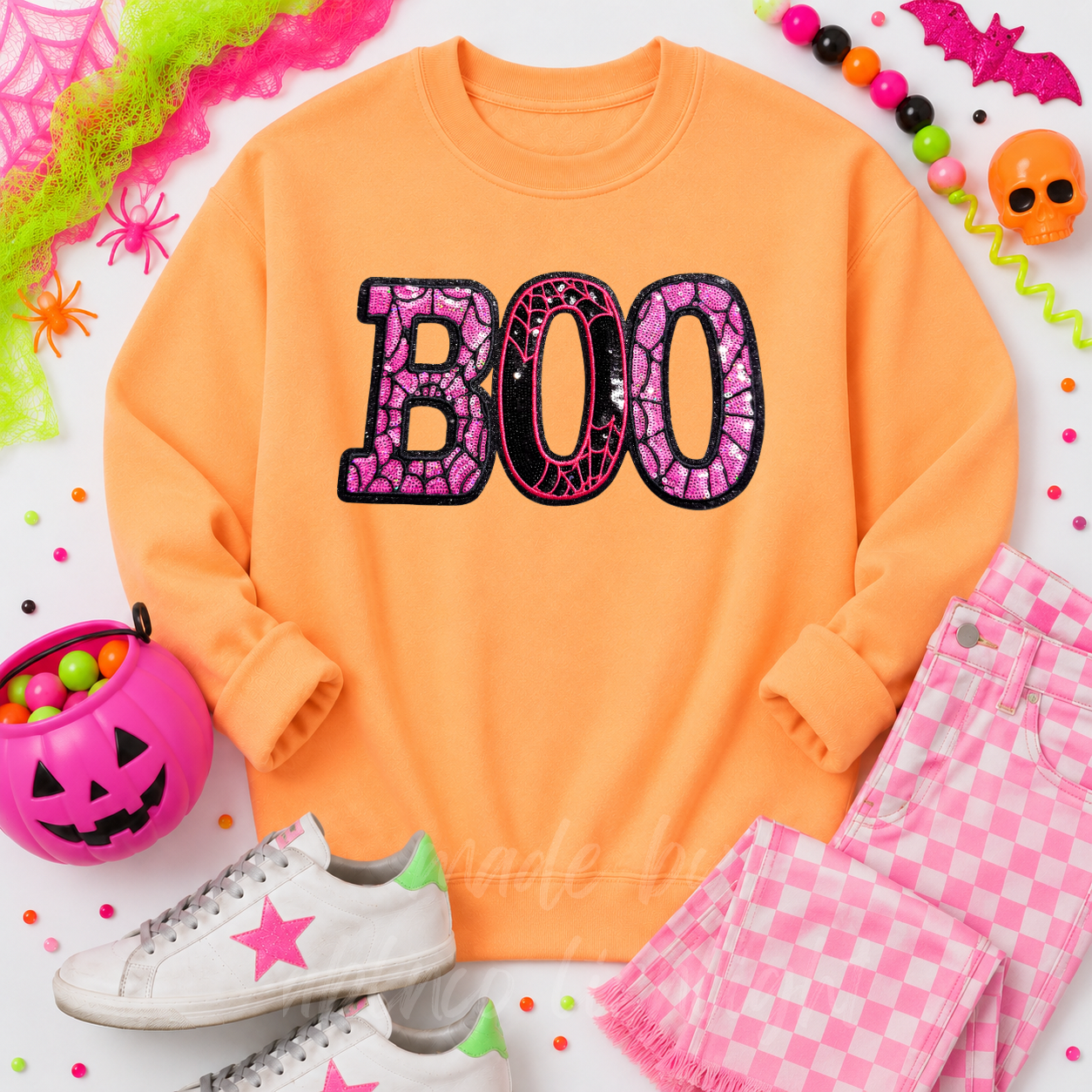 Pink Spider Web Boo Halloween Sequin Patch Sweatshirt