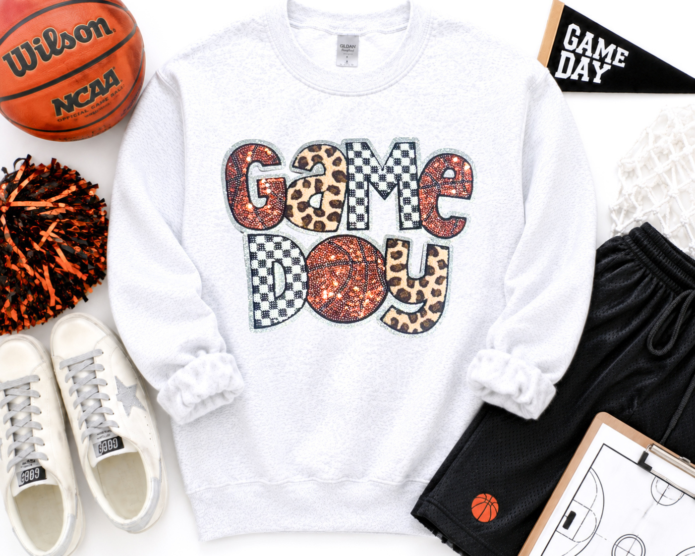 Basketball Game Day Cheetah Checkered Sequin Patch Sweatshirt