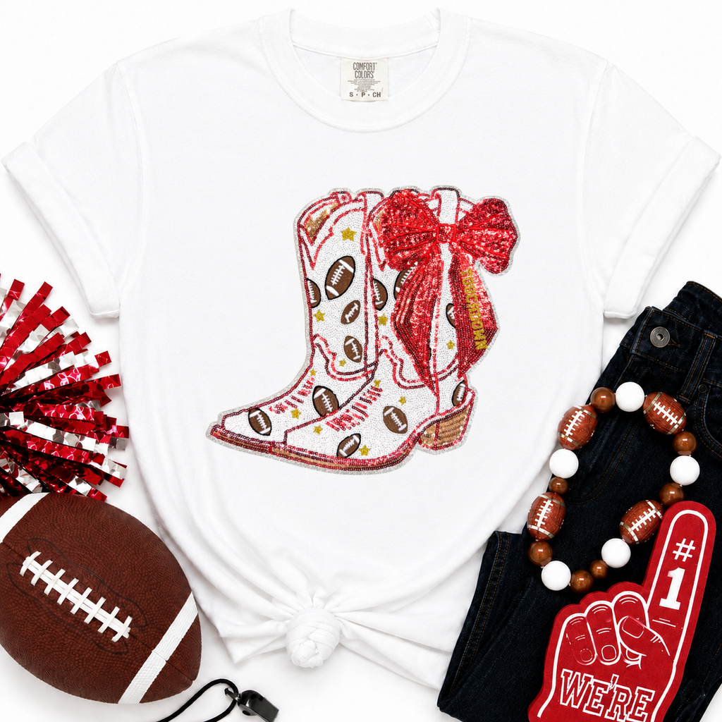 Red Bow Boot Touchdown Football Sequin Patch Tshirt