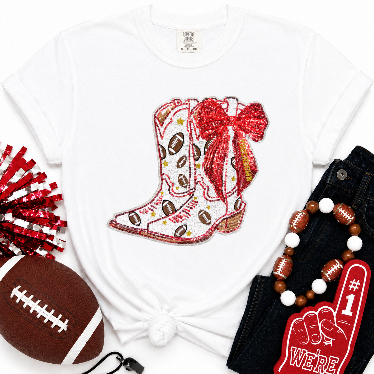 Red Bow Boot Touchdown Football Sequin Patch Tshirt