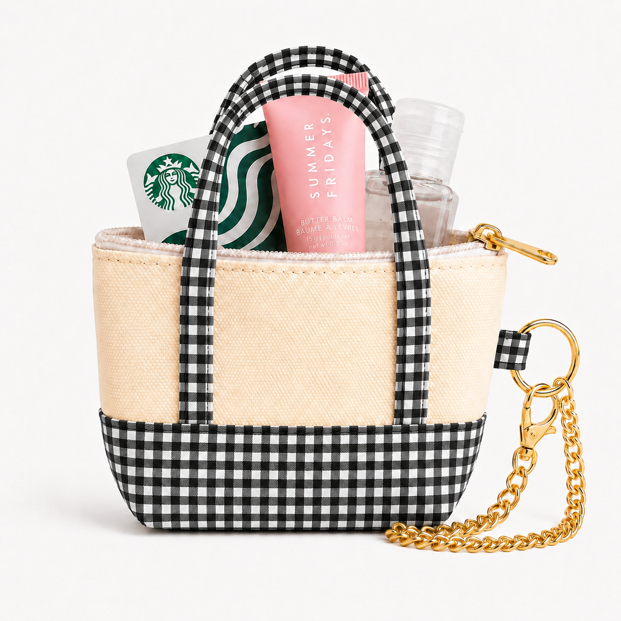 Black Gingham Mini Tote Bag Keychain | Zippered Purse Charm & Pouch