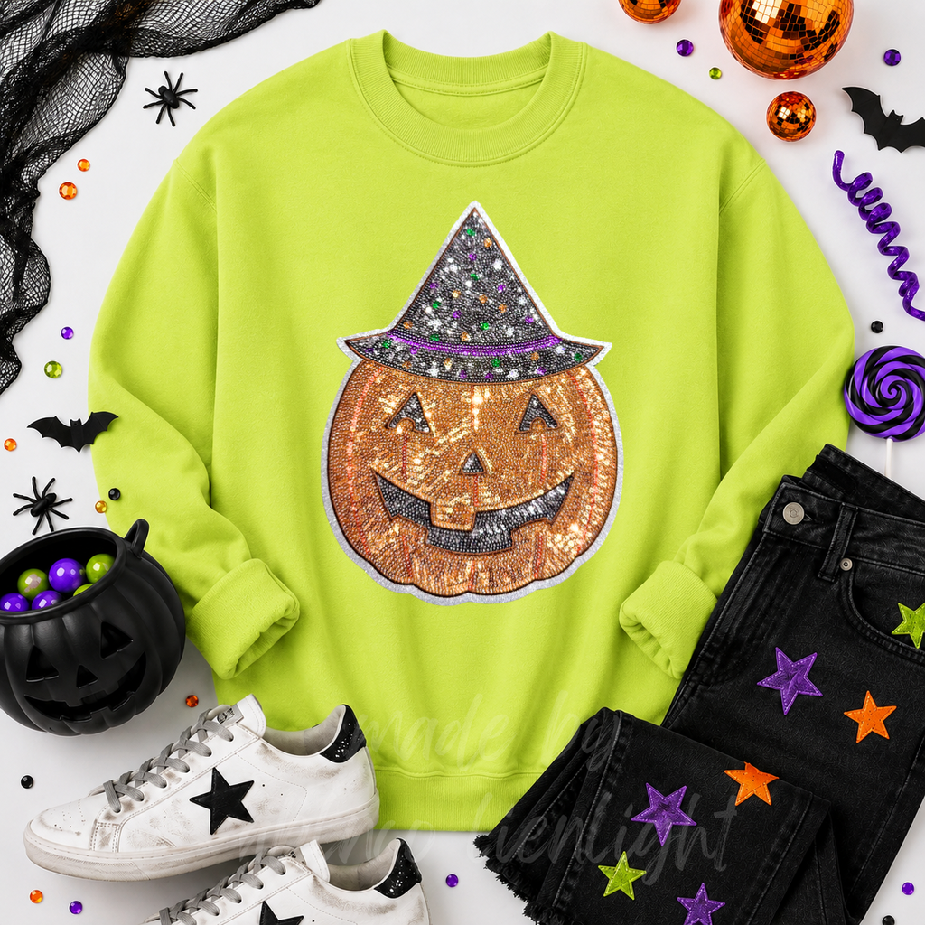Witchy Pumpkin Halloween Sequin Patch Sweatshirt