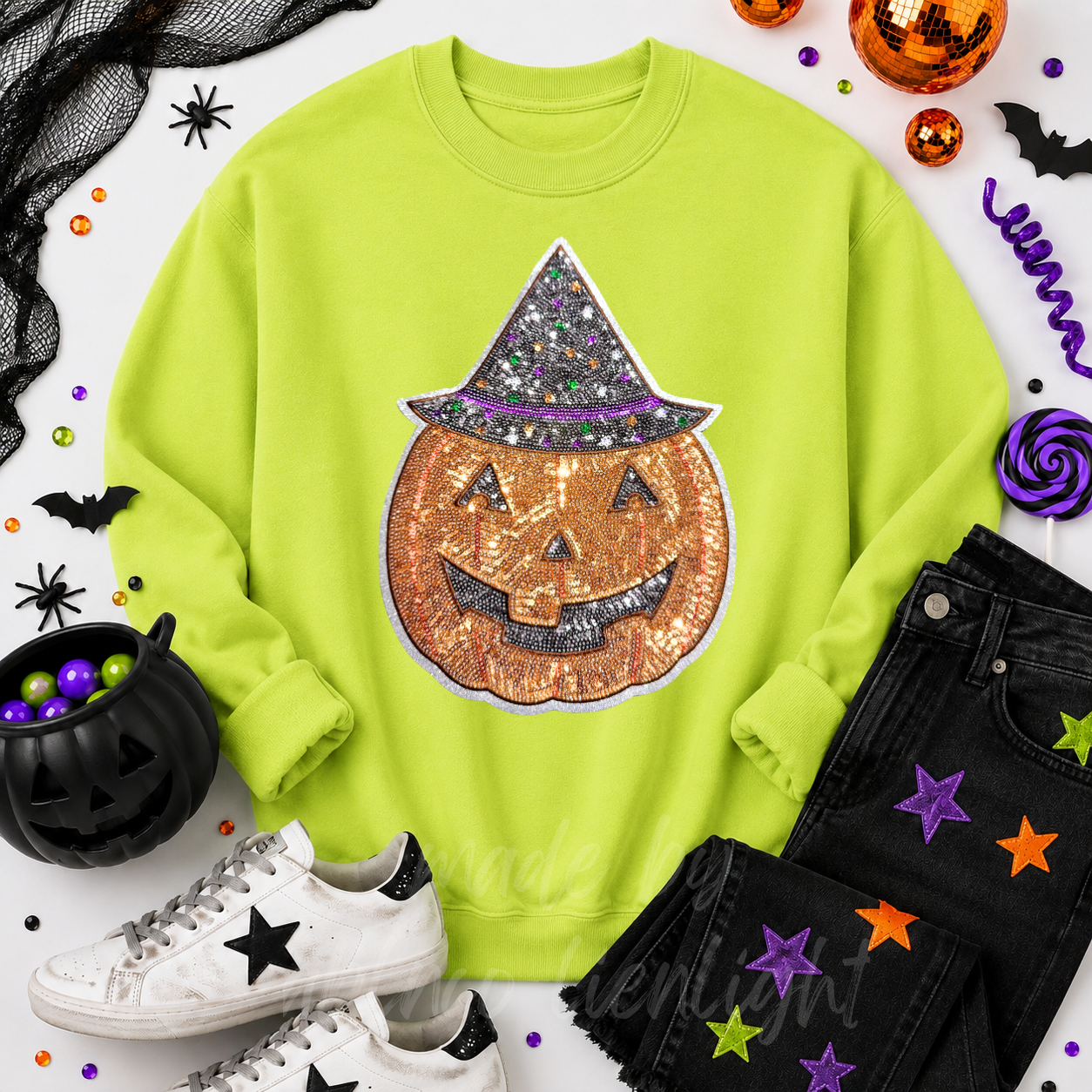 Witchy Pumpkin Halloween Sequin Patch Sweatshirt