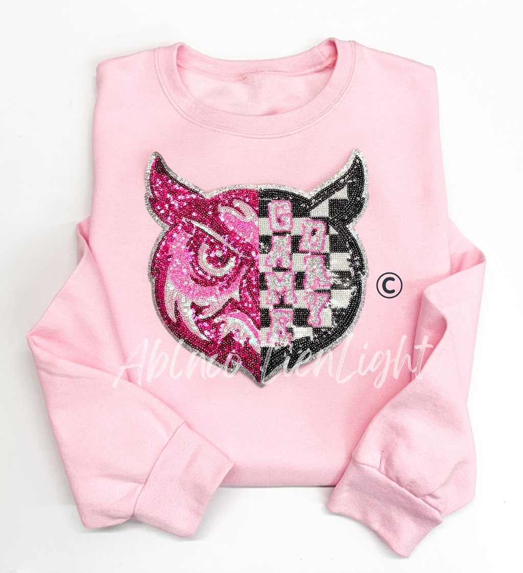 Owl Mascot Pink Checkered Sequin Patch - Large