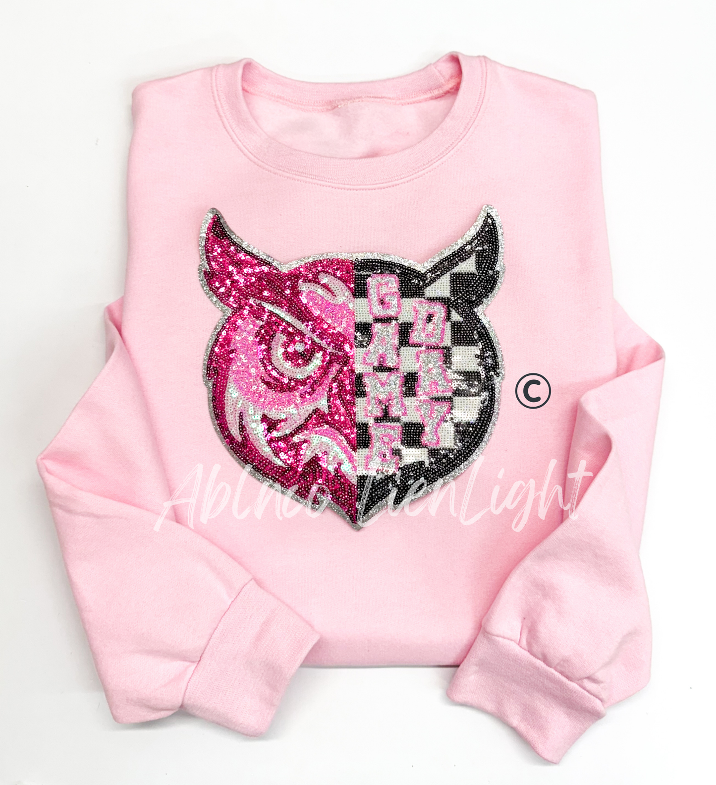 Preppy Pink Checkered Owl Mascot Game Day Sequin Patch