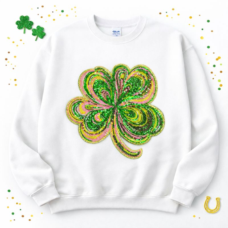 Colorful Ombre Clover St Patricks Day Sequin Chenille Patch Sweatshirt