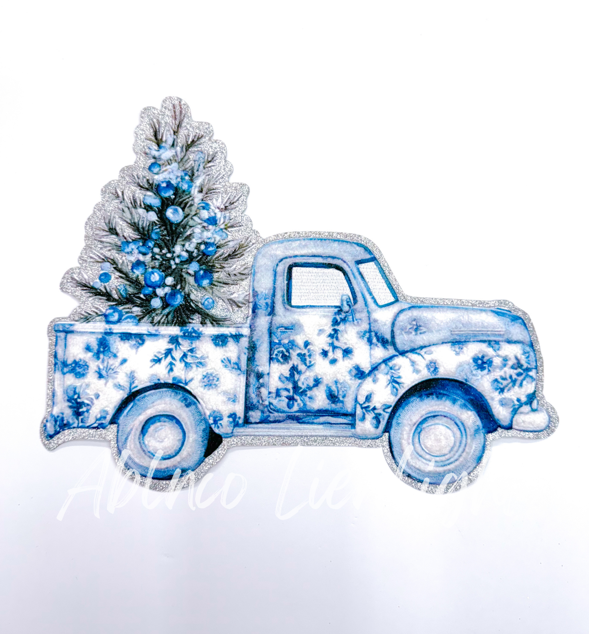 Blue Floral Grand Millennial Truck Christmas Chenille Patch - Large