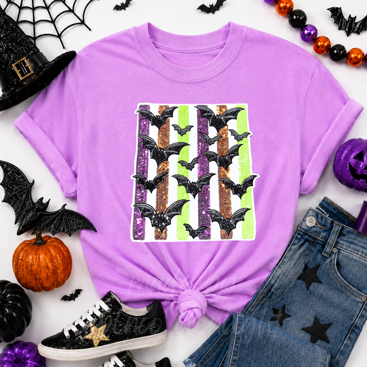 Colorful Striped Bats Halloween Sequin Patch Tshirt