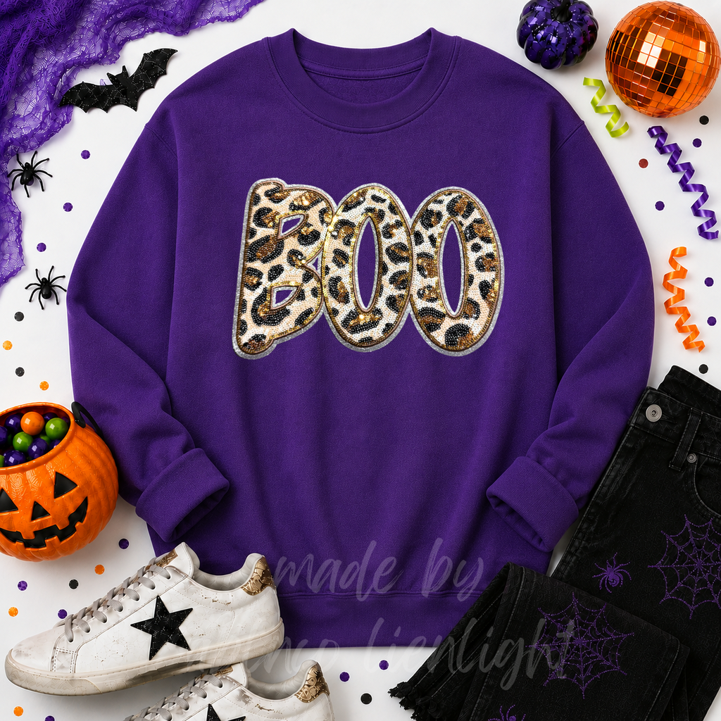 Cheetah Print Boo Halloween Sequin Patch Sweatshirt