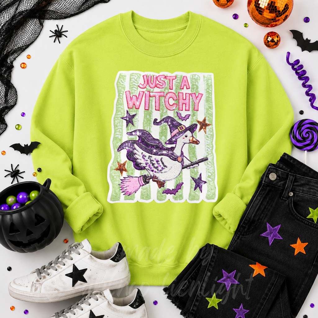 Just A Witchy Goose Halloween Sequin Patch Sweatshirt