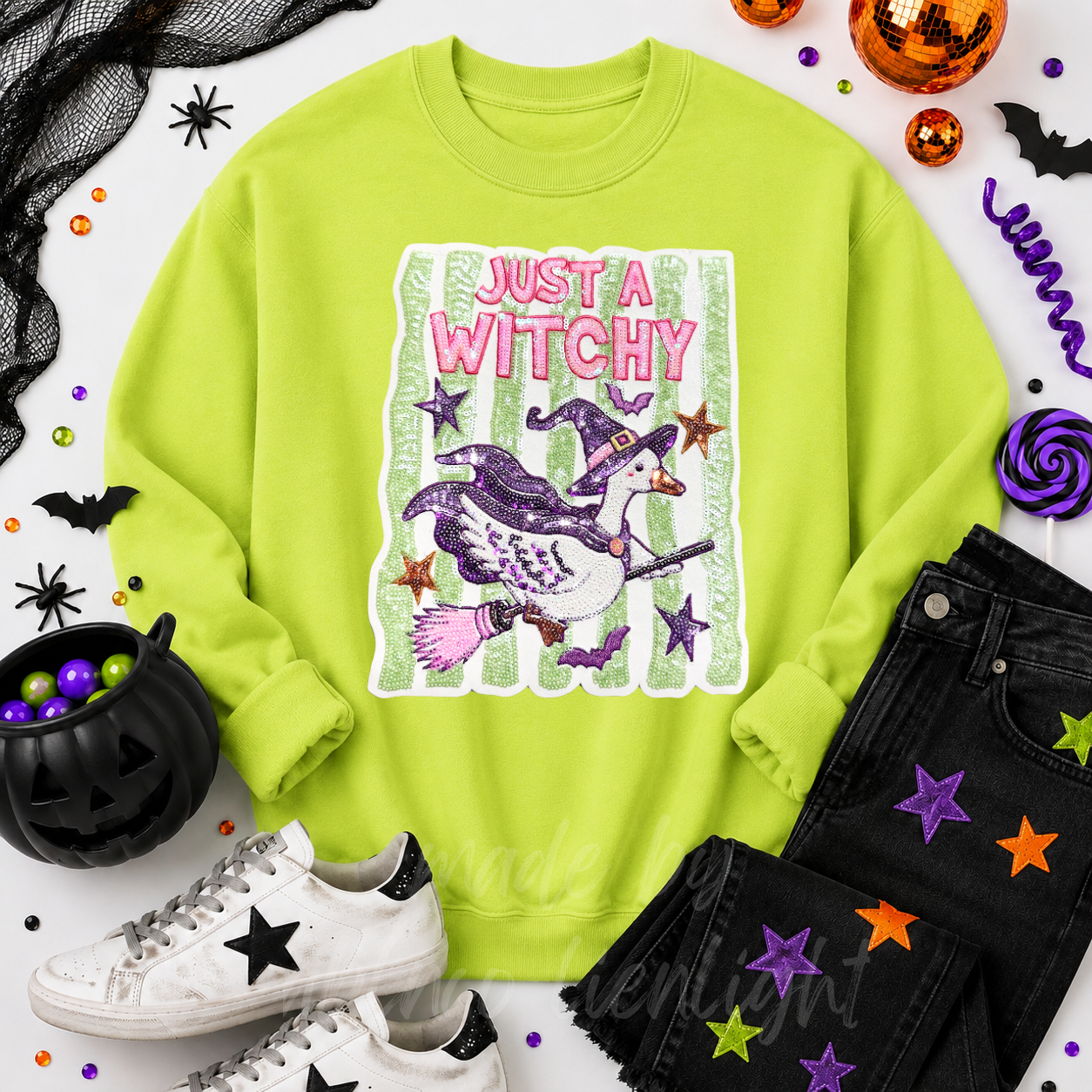 Just A Witchy Goose Halloween Sequin Patch Sweatshirt