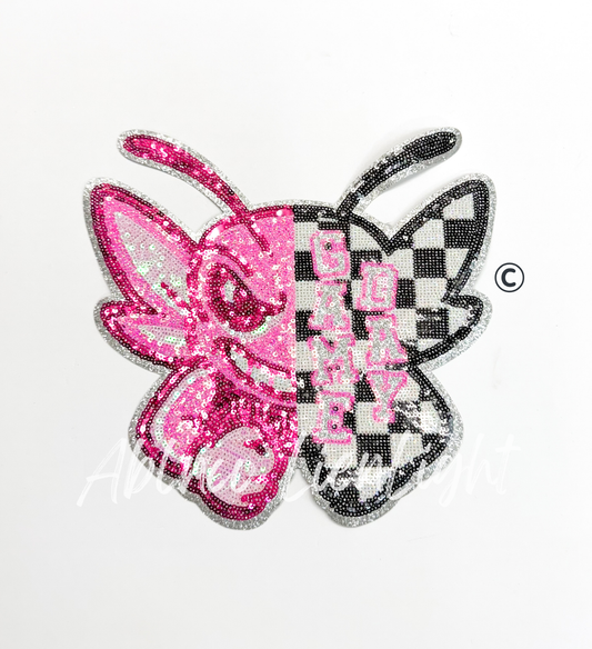 Preppy Pink Checkered Hornet Mascot Game Day Sequin Patch
