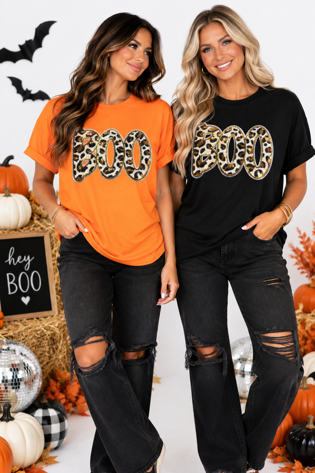 Cheetah Print Boo Halloween Sequin Patch Tshirt