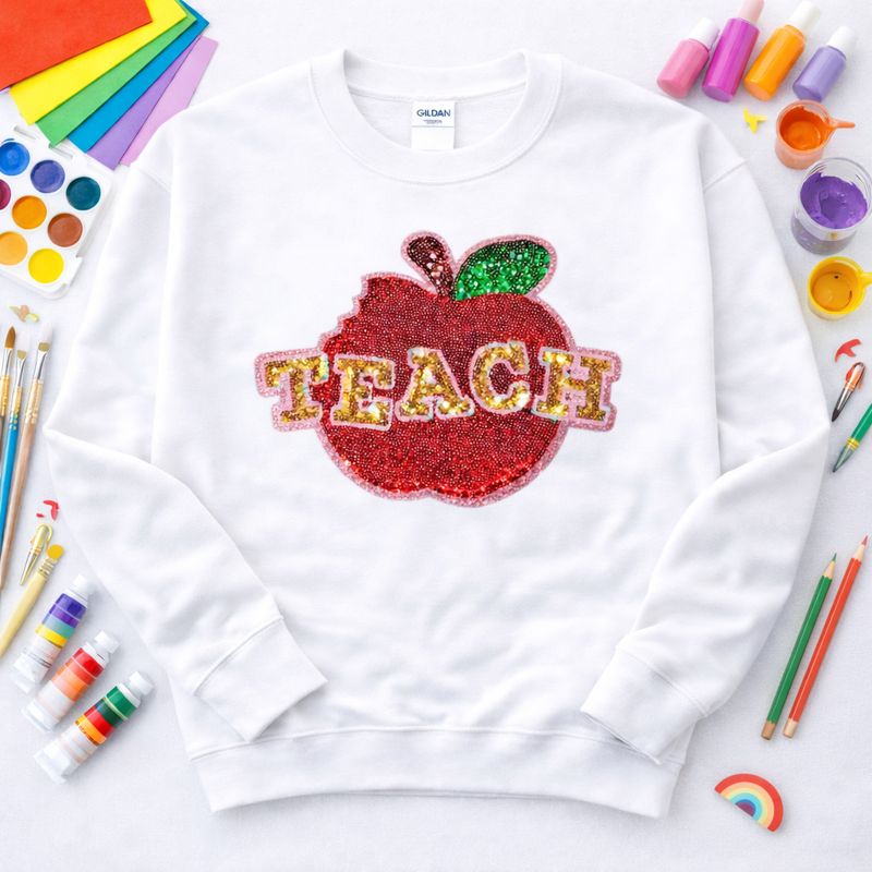 Teach Apple Teacher Sequin Patch Sweatshirt